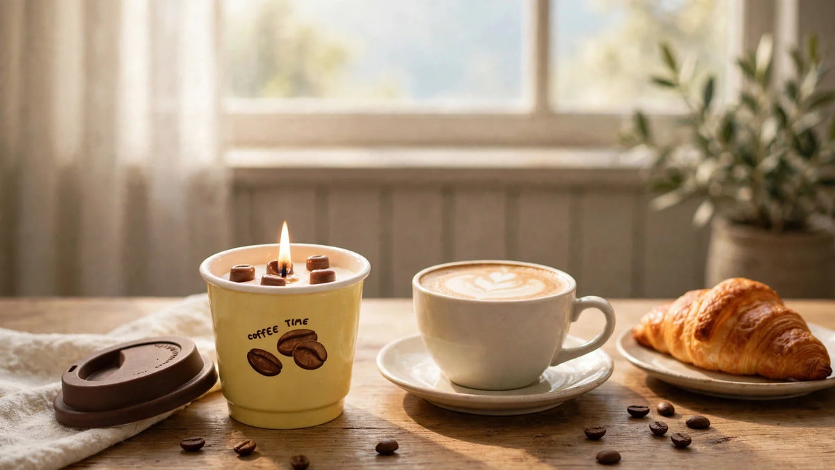 The Lucky Coffee Cup candle lit beside a latte and croissant in morning light
