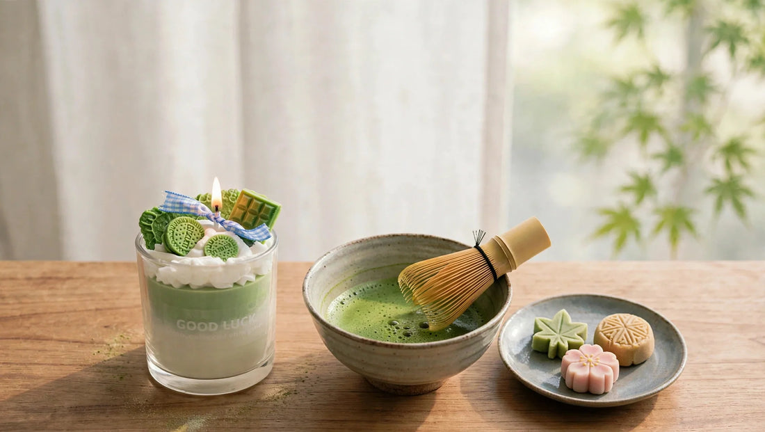 The Matcha Dessert candle lit beside a bowl of whisked matcha and wagashi sweets