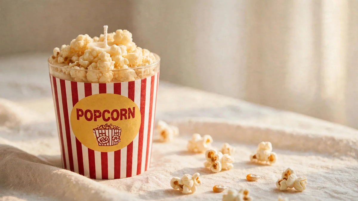 Popcorn candle by SOMU Sense — milk candy scented candle in a red-and-white striped popcorn bucket