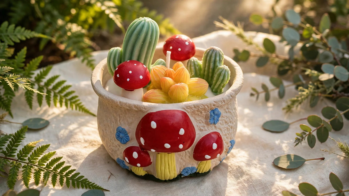 Mushroom Garden candle in a cream stoneware mushroom pot surrounded by ferns in golden morning light