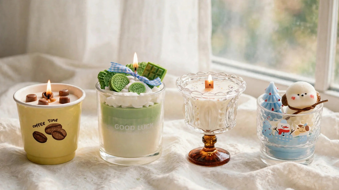Four SOMU candles lit on cream linen by a window — Coffee Cup, Matcha Dessert, Crystal Cup and Forest Puppy
