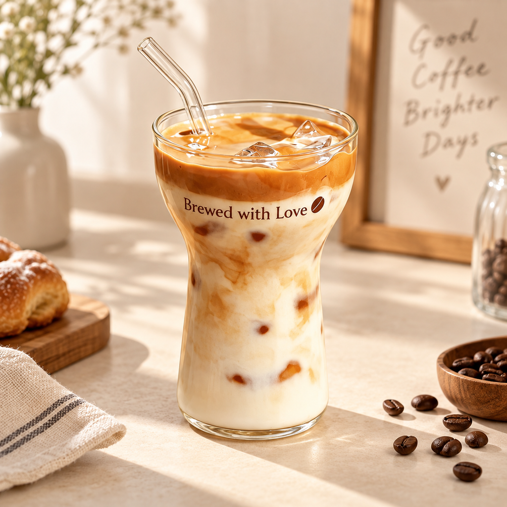 tall brewed with love glass filled with iced coffee milk and caramel layer with straw