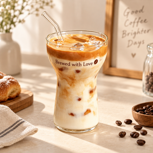 tall brewed with love glass filled with iced coffee milk and caramel layer with straw