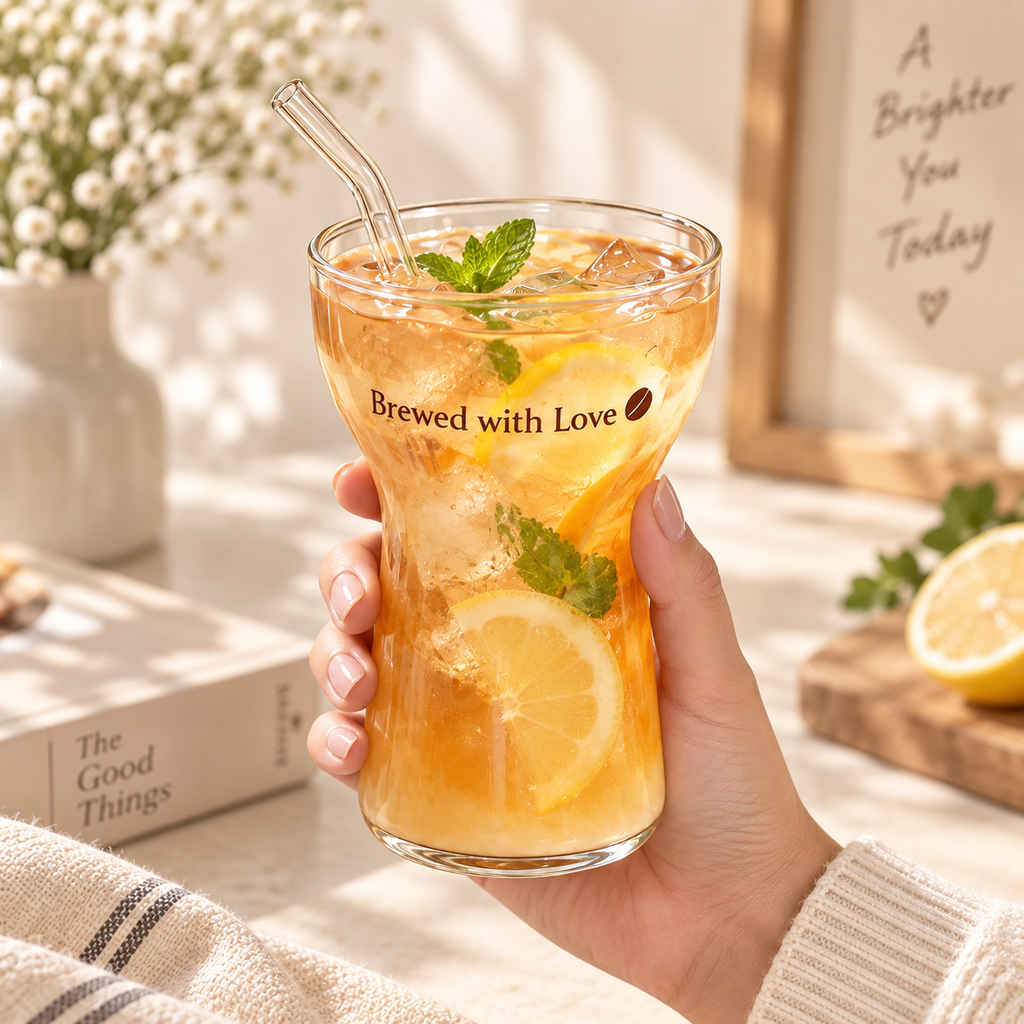 hand holding brewed with love glass with iced orange drink lemon mint