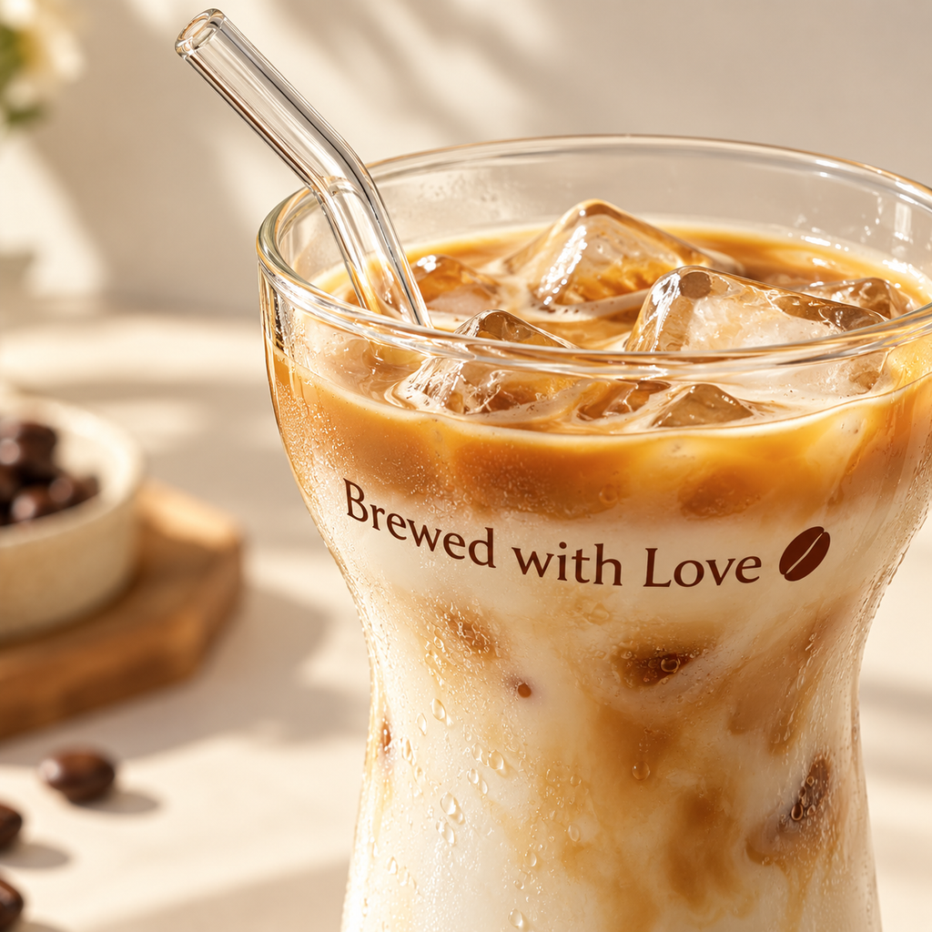brewed with love glass with creamy milk layered iced coffee and glass straw