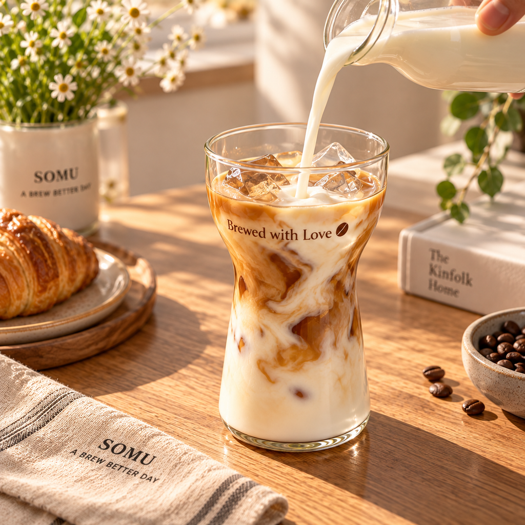 brewed with love glass with printed phrase filled with iced coffee and milk