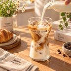 brewed with love glass with printed phrase filled with iced coffee and milk