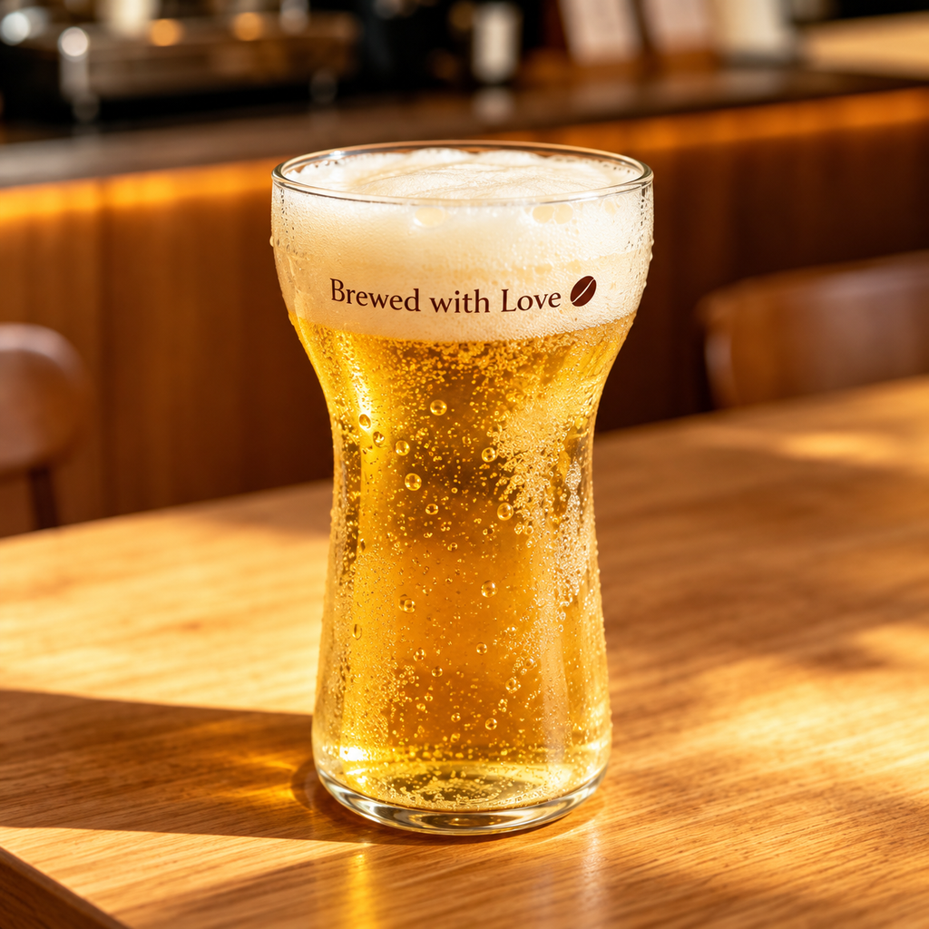 brewed with love tulip beer glass with golden beer and white foam on wood