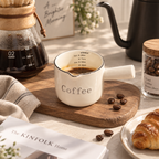 white little coffee measure mug with coffee text filled with espresso