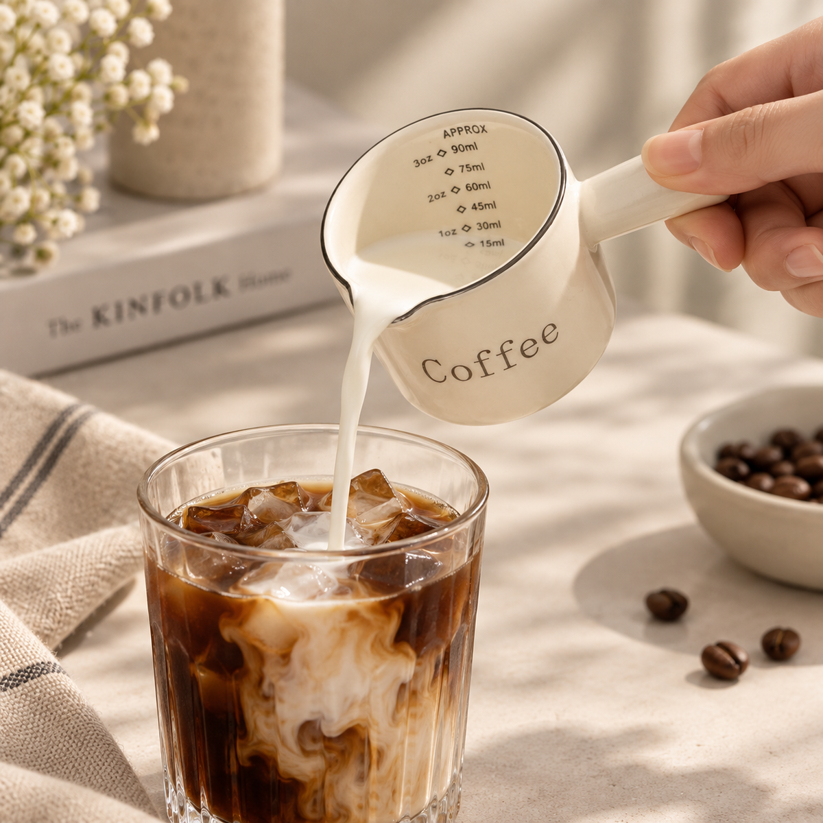 hand pouring milk from little coffee measure into iced coffee
