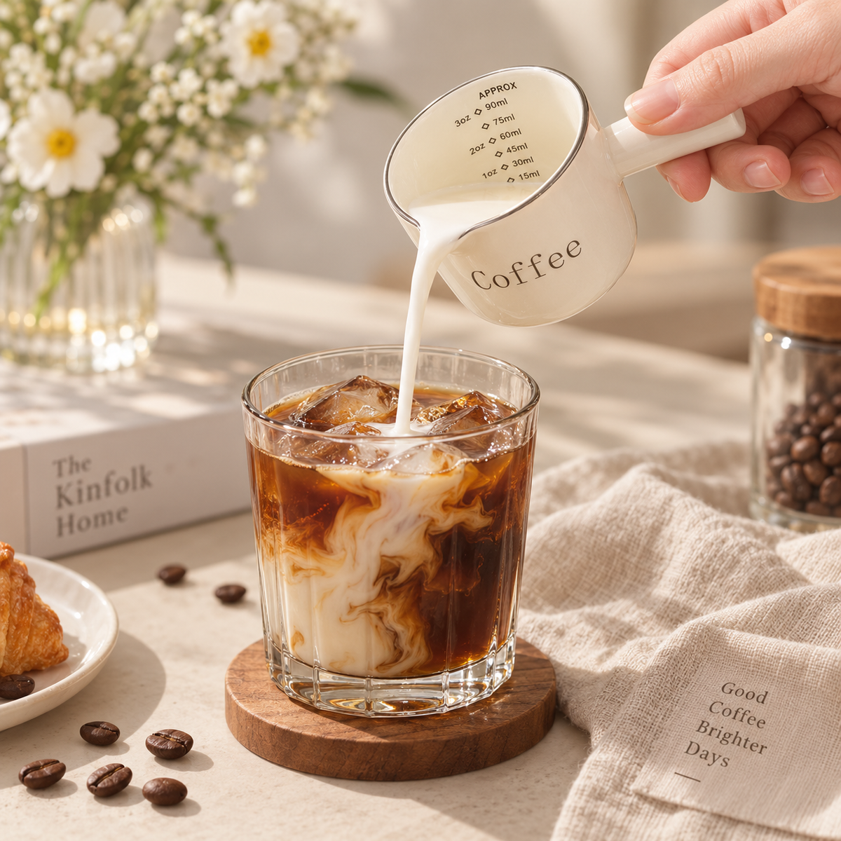 white ceramic coffee measure pouring milk into iced coffee glass with ice
