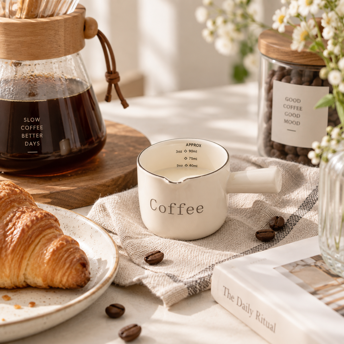 styled coffee tabletop with cream little coffee measure mug labeled coffee
