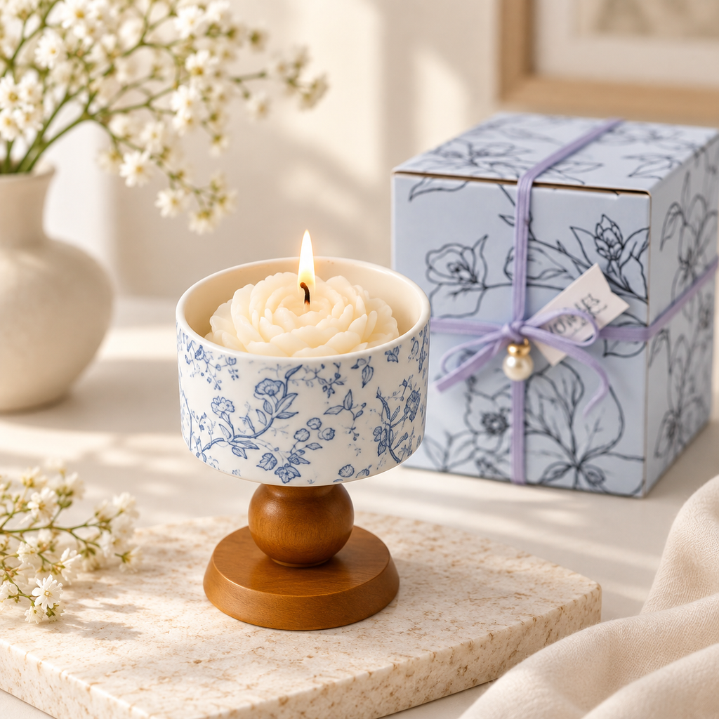 Blue Botanical Pedestal Candle