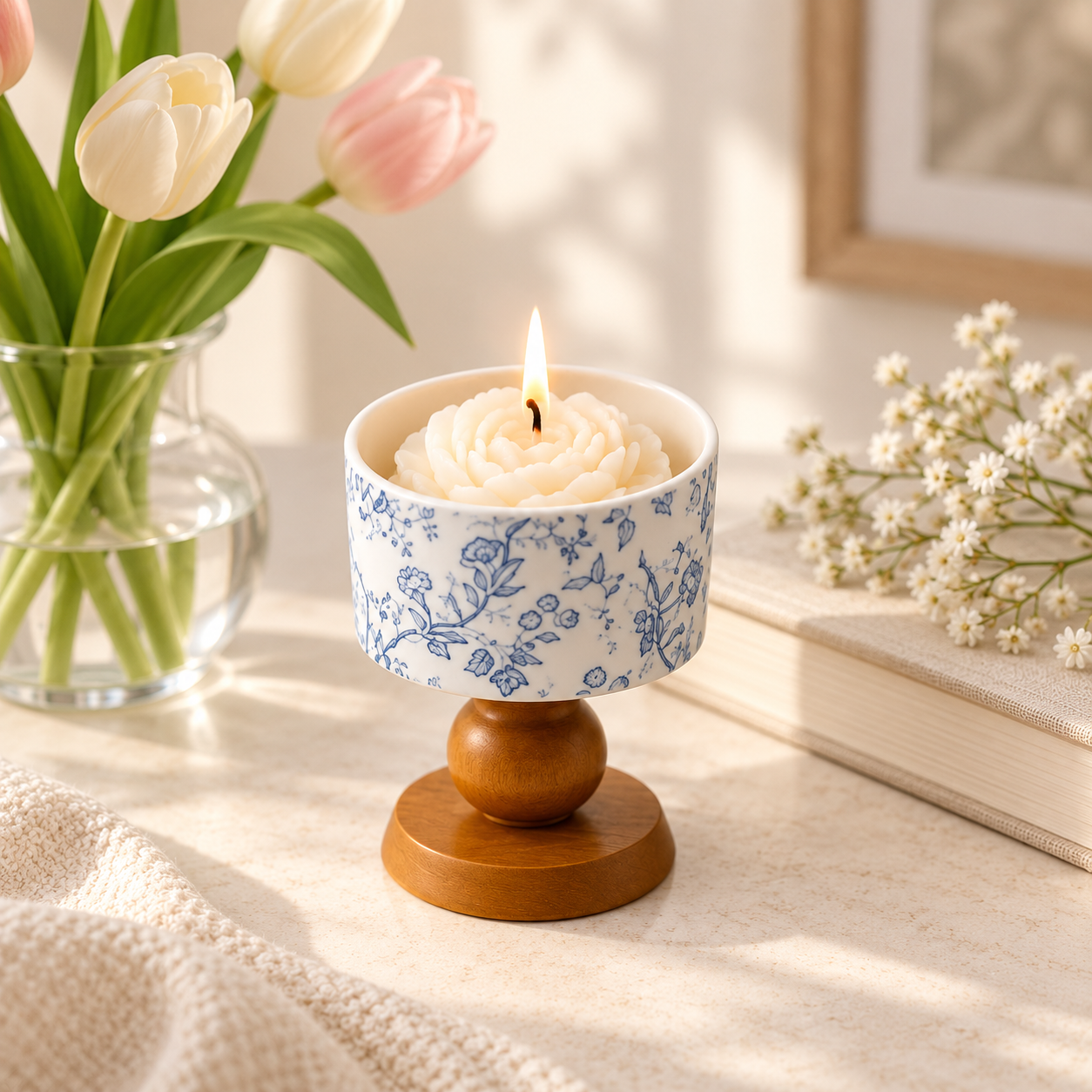 Blue Botanical Pedestal Candle