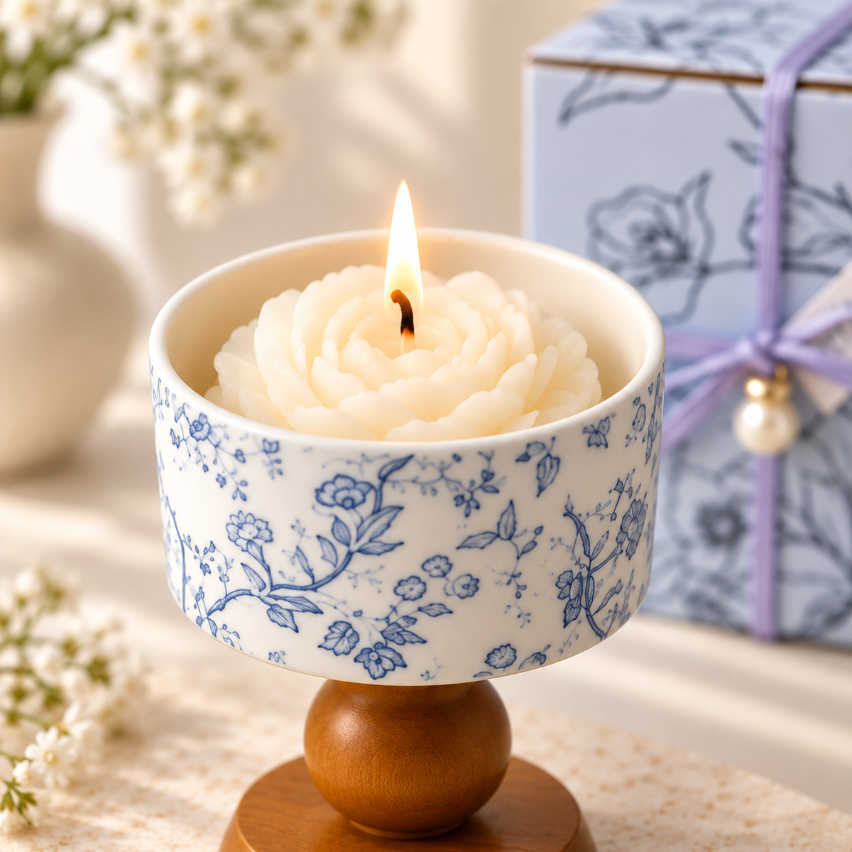 Blue Botanical Pedestal Candle
