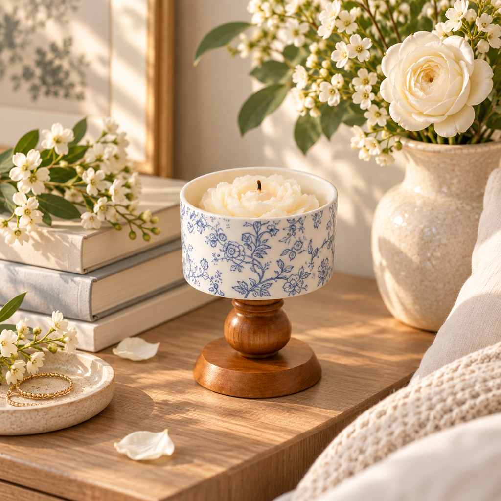 Blue Botanical Pedestal Candle