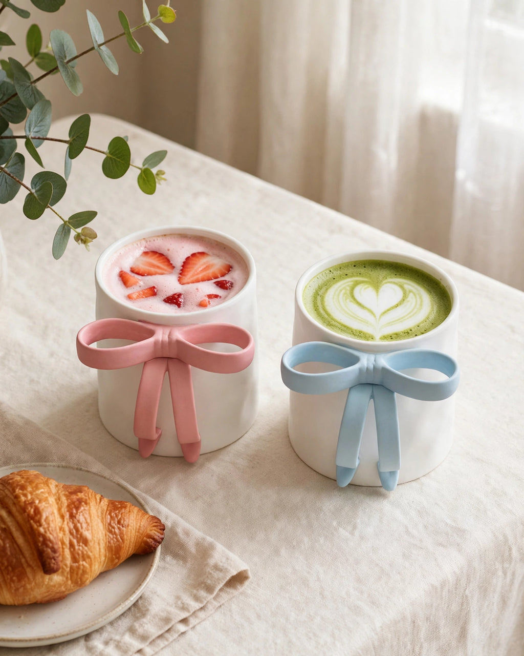 Pink and Soft Blue Bow Handle Mugs with strawberry latte and matcha