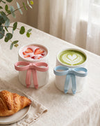 Pink and Soft Blue Bow Handle Mugs with strawberry latte and matcha