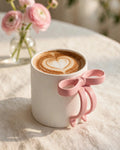 Pink Bow Handle Mug with heart latte art