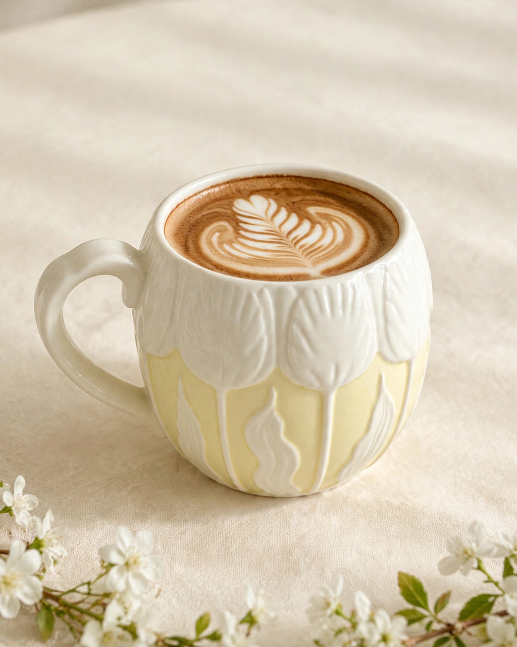 Butter yellow Tulip Morning Mug with rosetta latte art