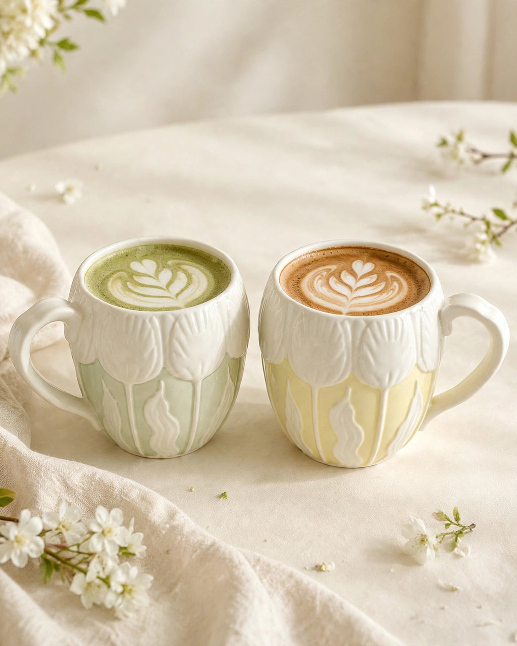 Sage and butter Tulip Morning Mugs with matcha latte art and rosetta latte art